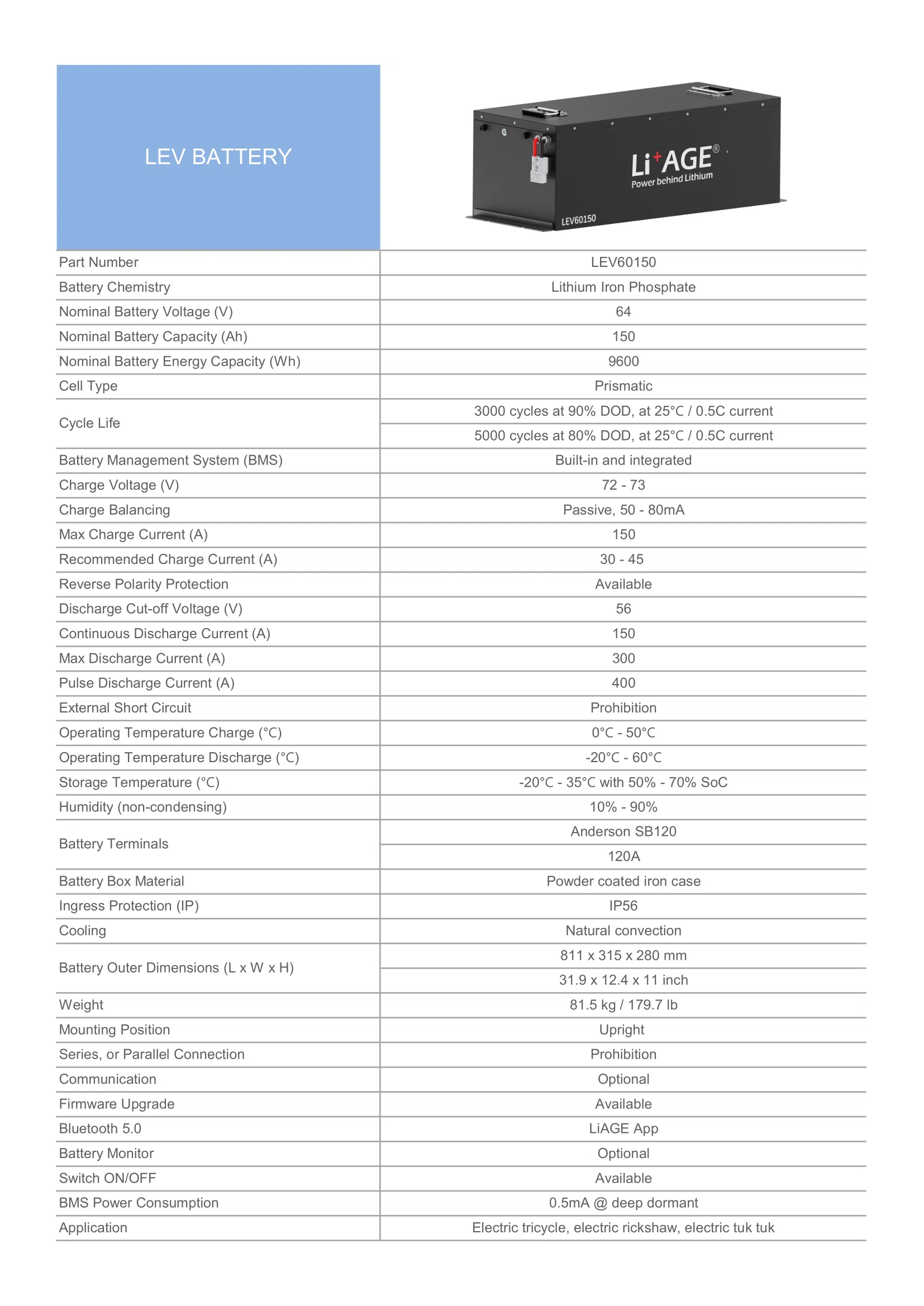 Electric tricycle, tuk tuk, rickshaw battery 60V 150Ah LEV60150.webp